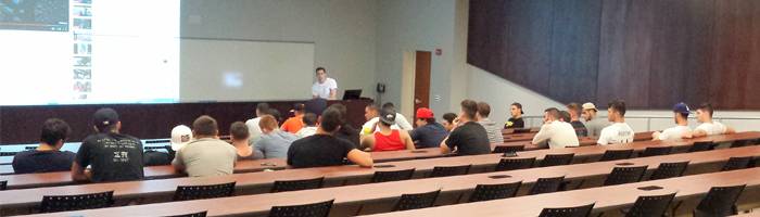 Alumnus Andre Torrecuso talks to the Delta-Beta Chapter about recruitment